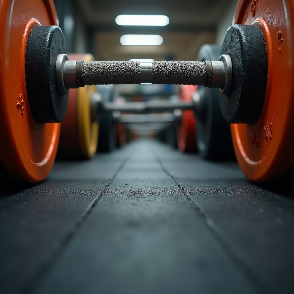 Used barbell with bumper plates on a garage floor