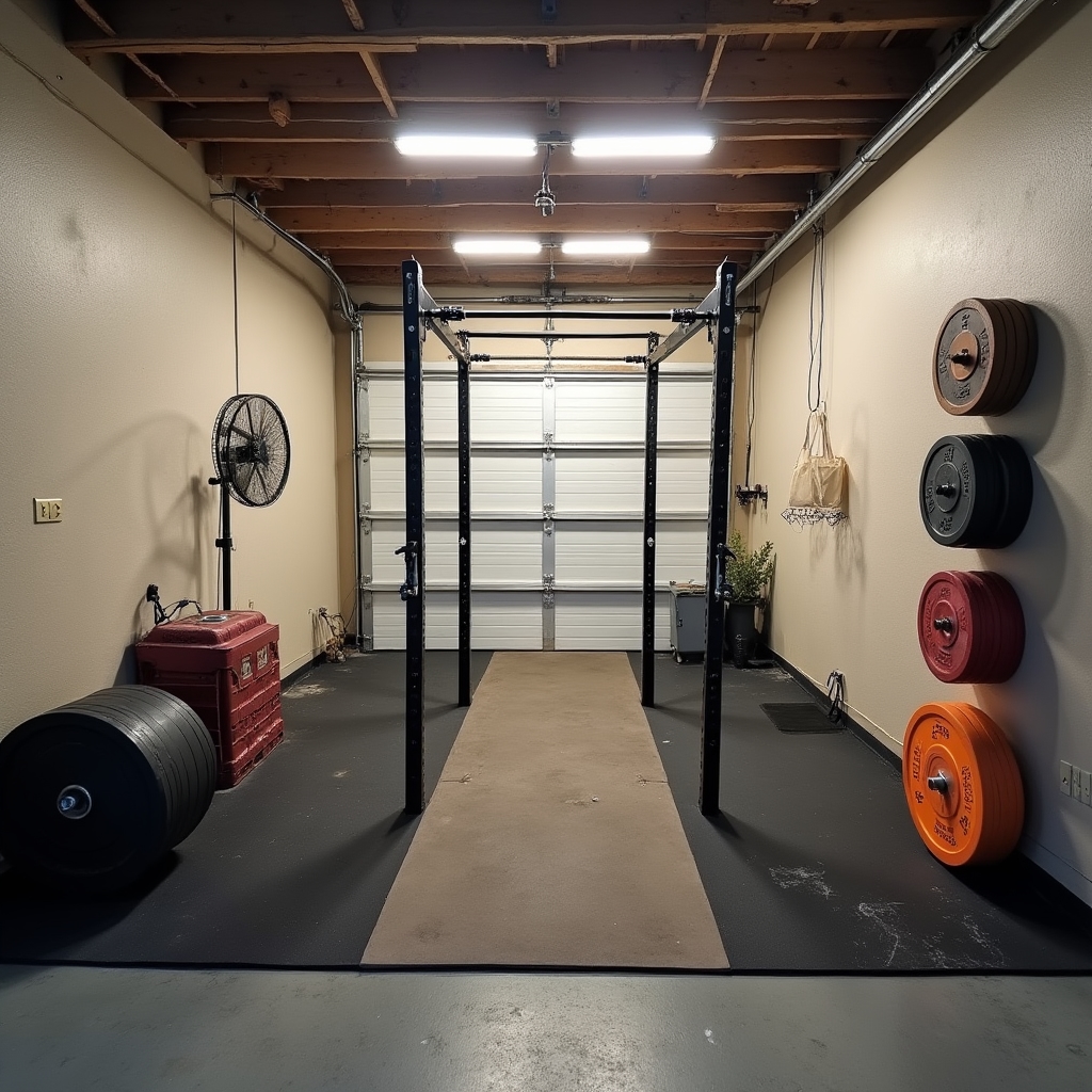 Complete budget home gym setup in a one-car garage with minimal equipment