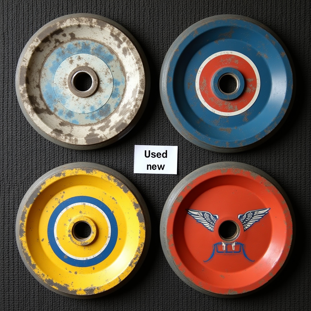 Side-by-side comparison of used and new bumper plates on a garage gym floor