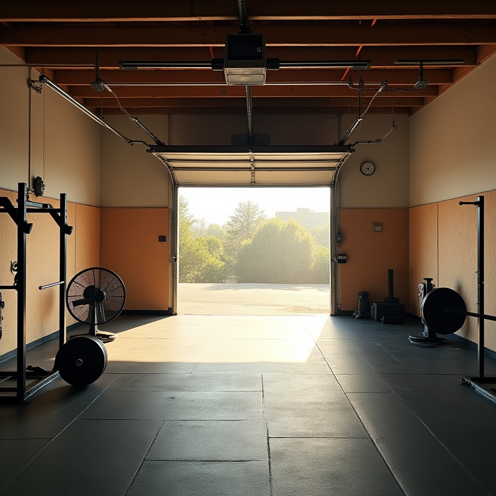 Garage gym with fan cooling system and insulated door panels in summer heat