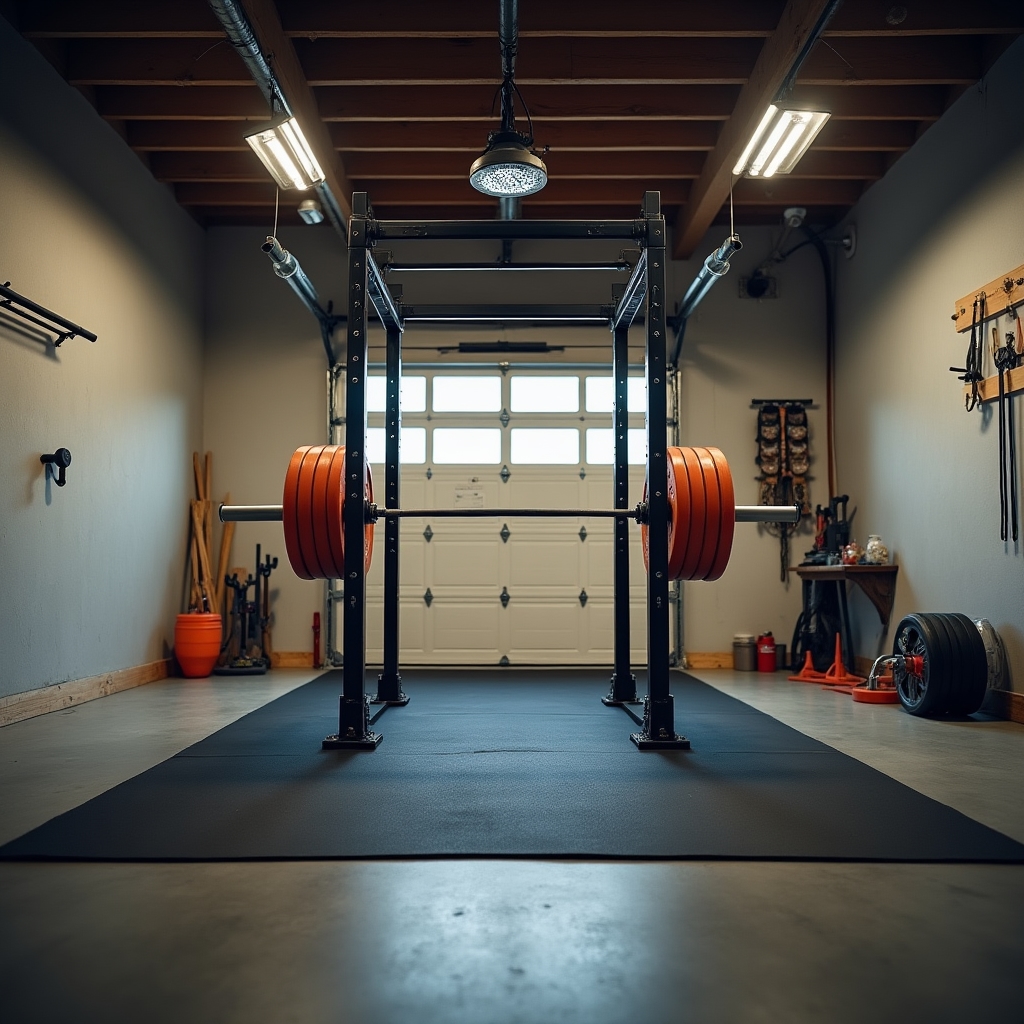 Well-organized home gym setup in a single-car garage with rubber flooring and basic equipment
