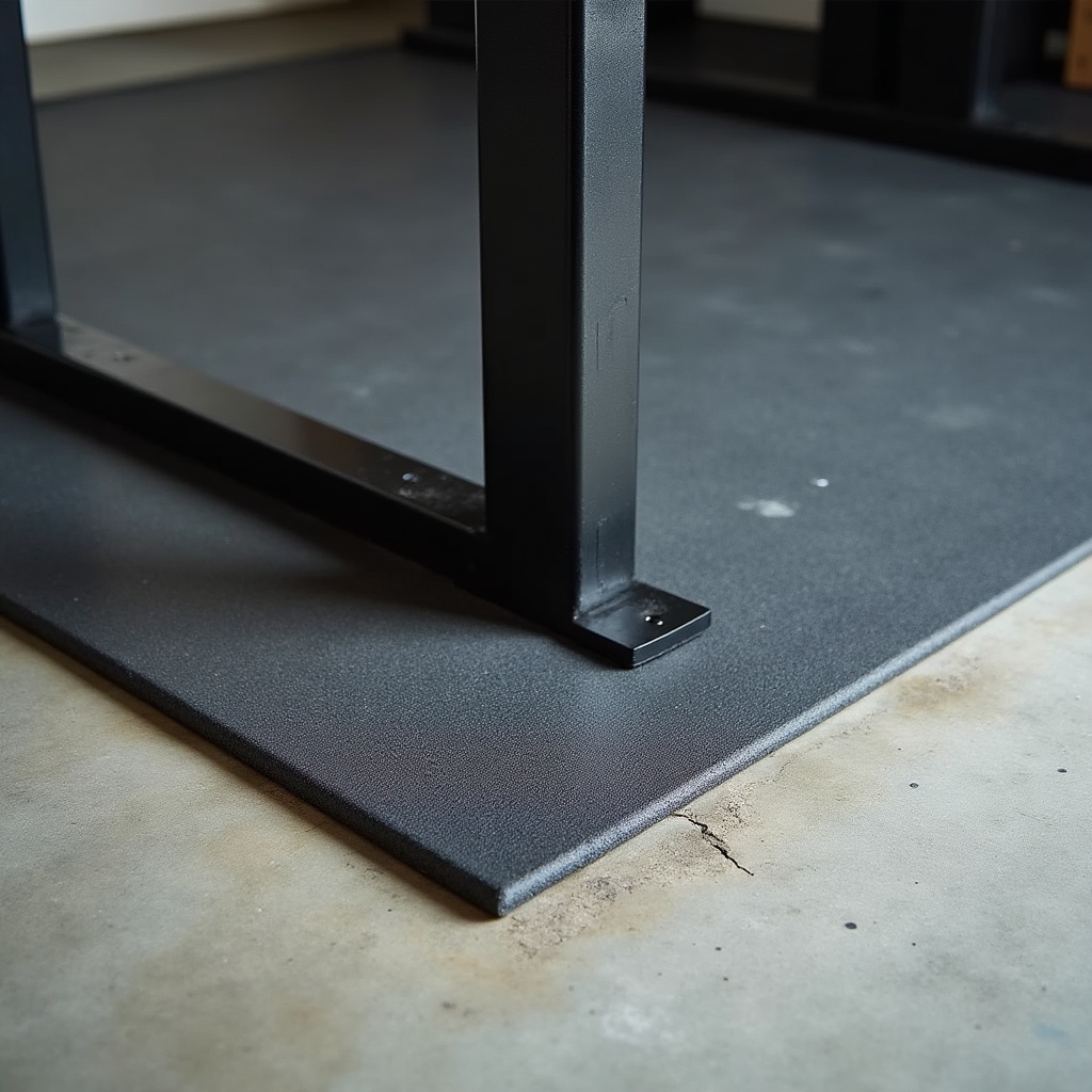 Rubber gym mats protecting concrete garage floor with equipment visible above