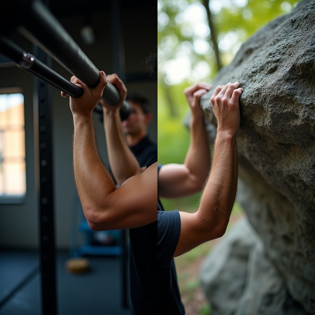Person transitioning from garage gym training to outdoor hiking with a loaded pack