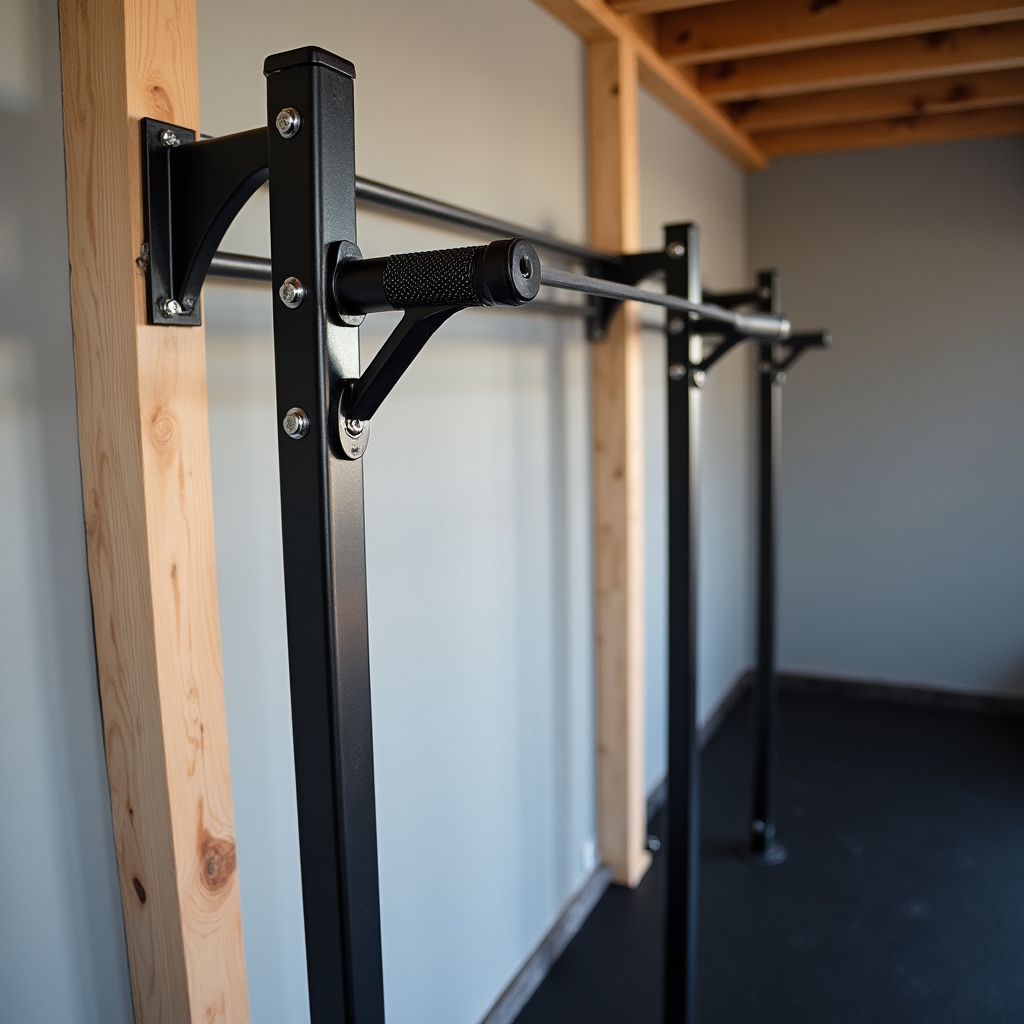 Wall-mounted pull-up bar in a garage gym with rubber flooring