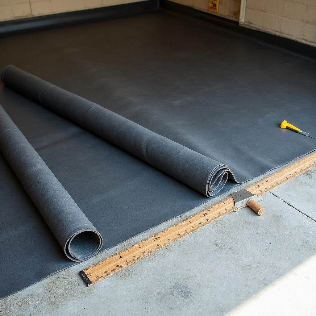 Rubber horse stall mats being installed on a garage floor as gym flooring
