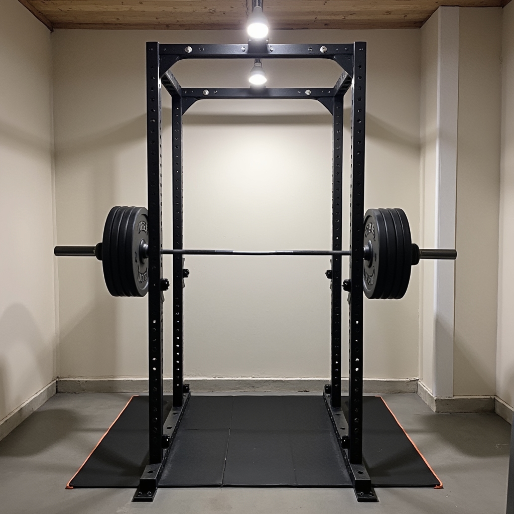 Compact squat rack in a single-car garage home gym
