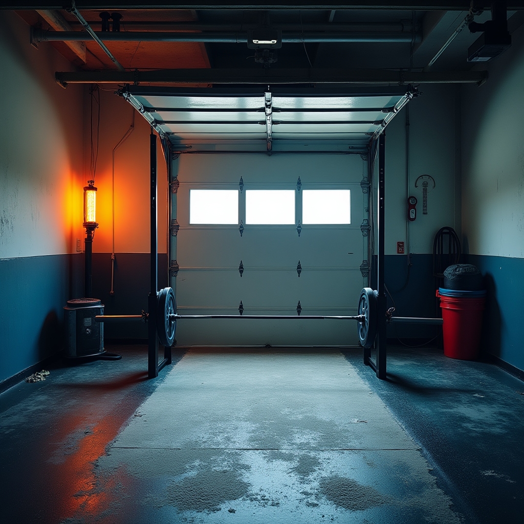 Person training in a cold garage gym with breath visible in the air during winter